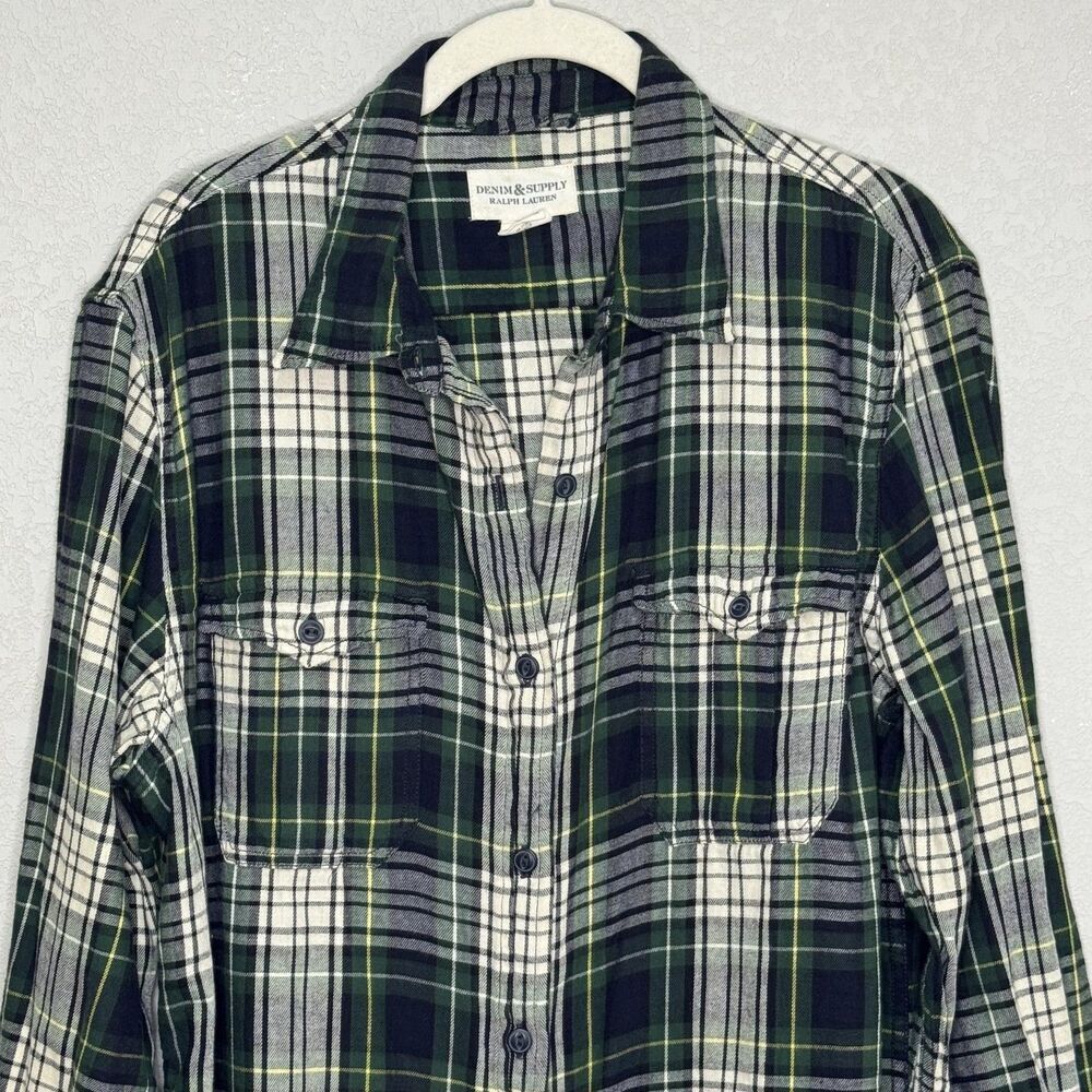 Denim & Supply Ralph Lauren Shirt Womens Large Green Plaid Flannel Cotton - Picture 4 of 6